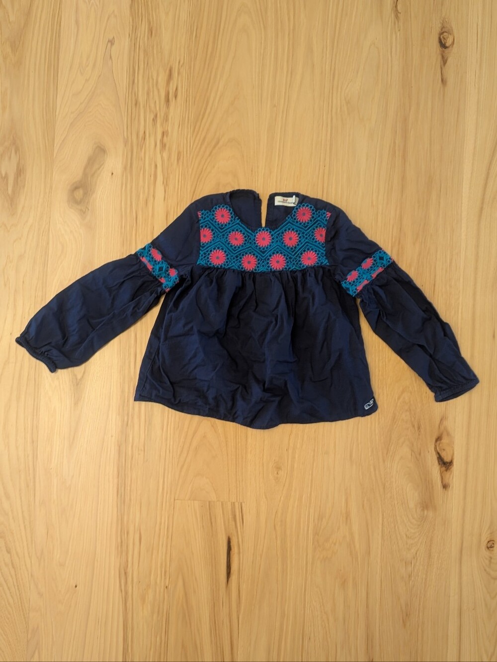 Vineyard Vines Navy Long-Sleeve Top with Pink & Teal Embroidery